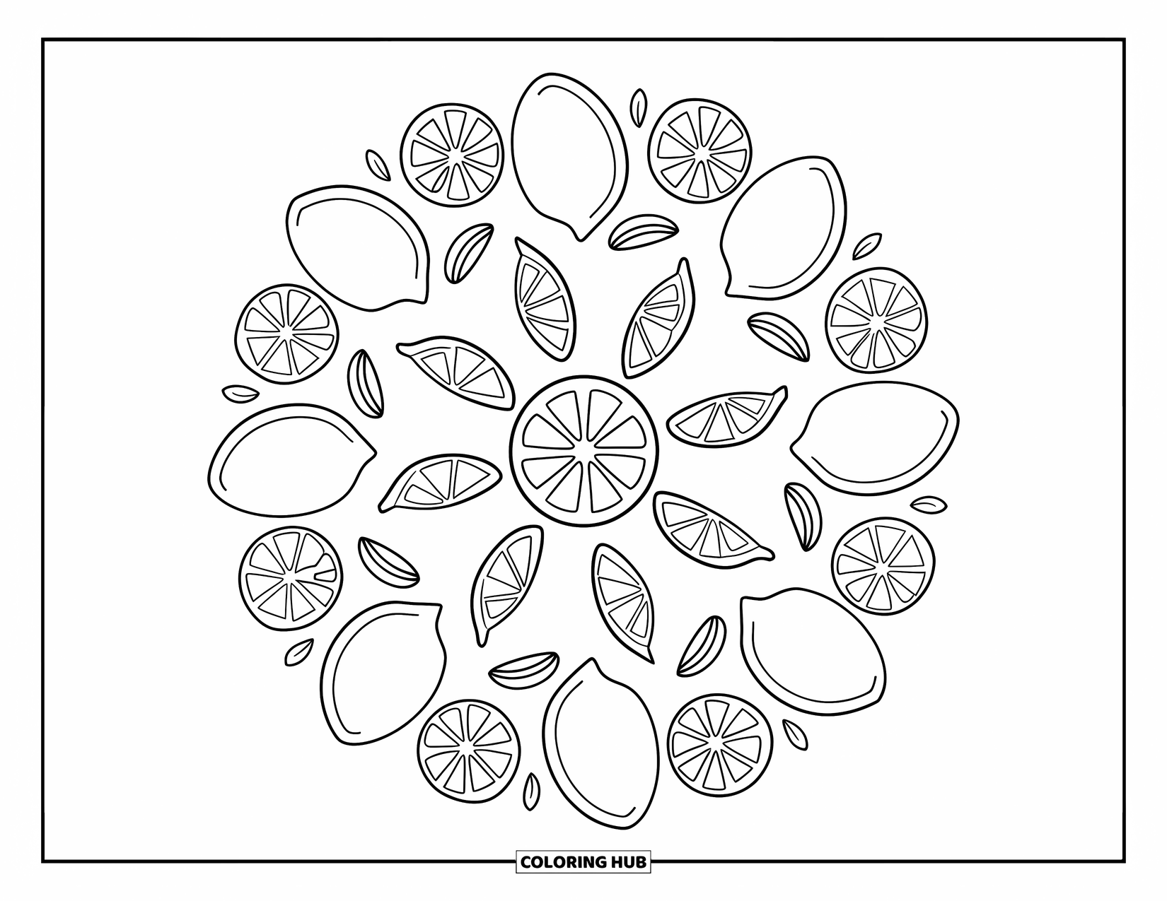 Lemon Coloring Page for Kids: Circle of lemons and slices with the biggest one in the center