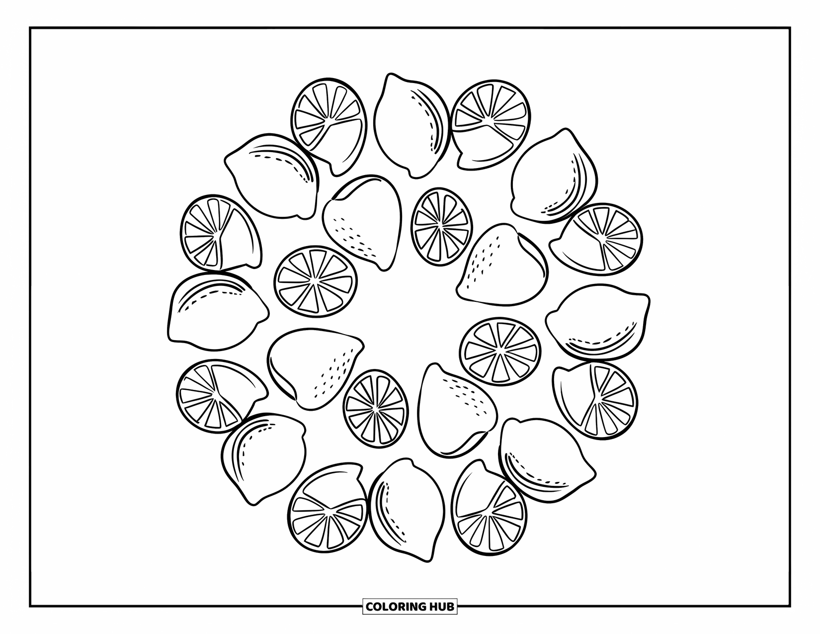 Lemon Coloring Page for Kids: Circular lemon pattern with slices at the top and bottom