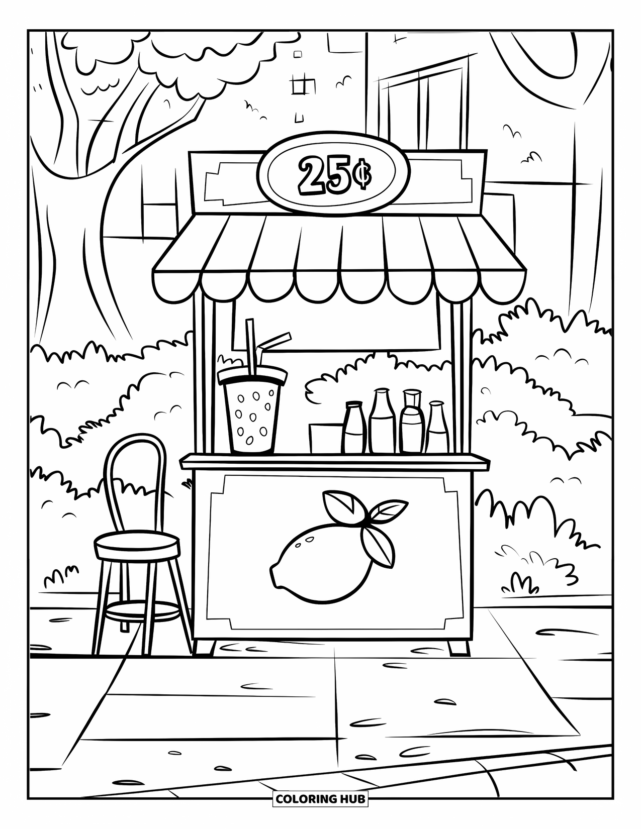 Lemon Coloring Page for Kids: Cute lemon stand on a path with trees and buildings