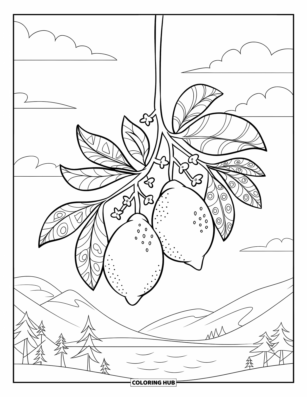 Lemon Coloring Page for Kids: Floating lemon branch with patterned leaves above a peaceful landscape