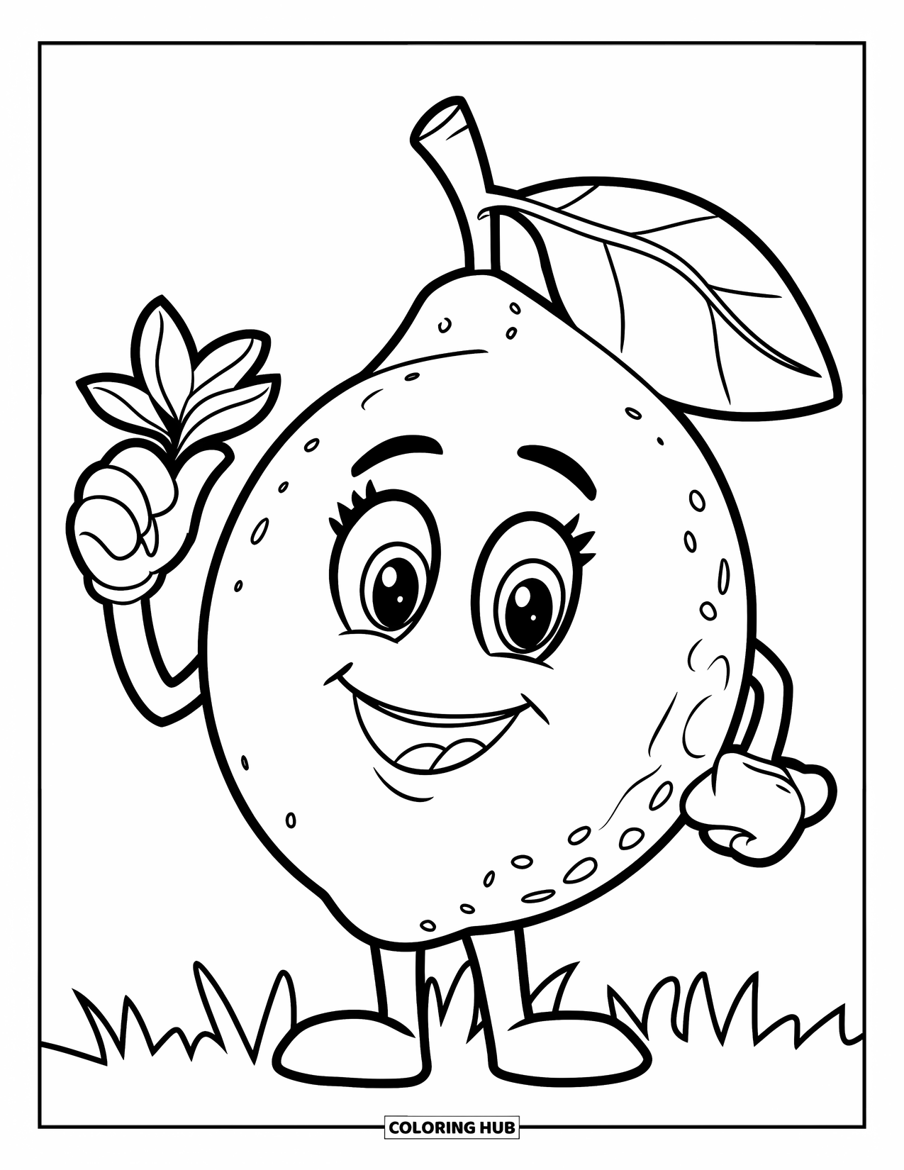 Lemon Coloring Page for Kids: Happy lemon character with a little leaf on a grassy spot