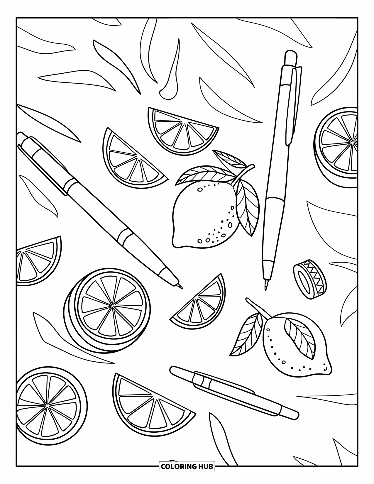 Lemon Coloring Page for Kids: Lemon doodles with pens and washi tape in a fun layout