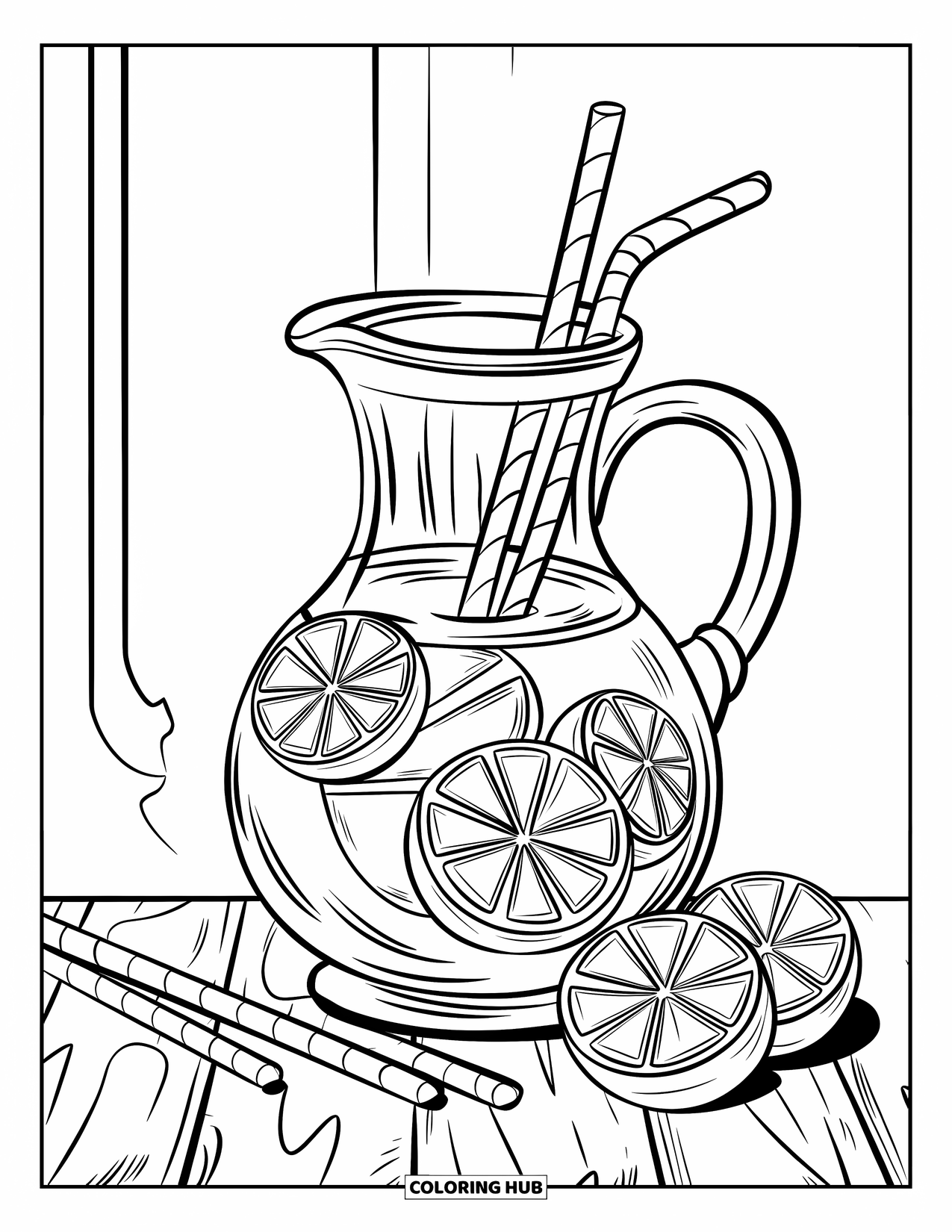 Lemon Coloring Page for Kids: Lemon pitcher with swirly straws and slices on a wood surface