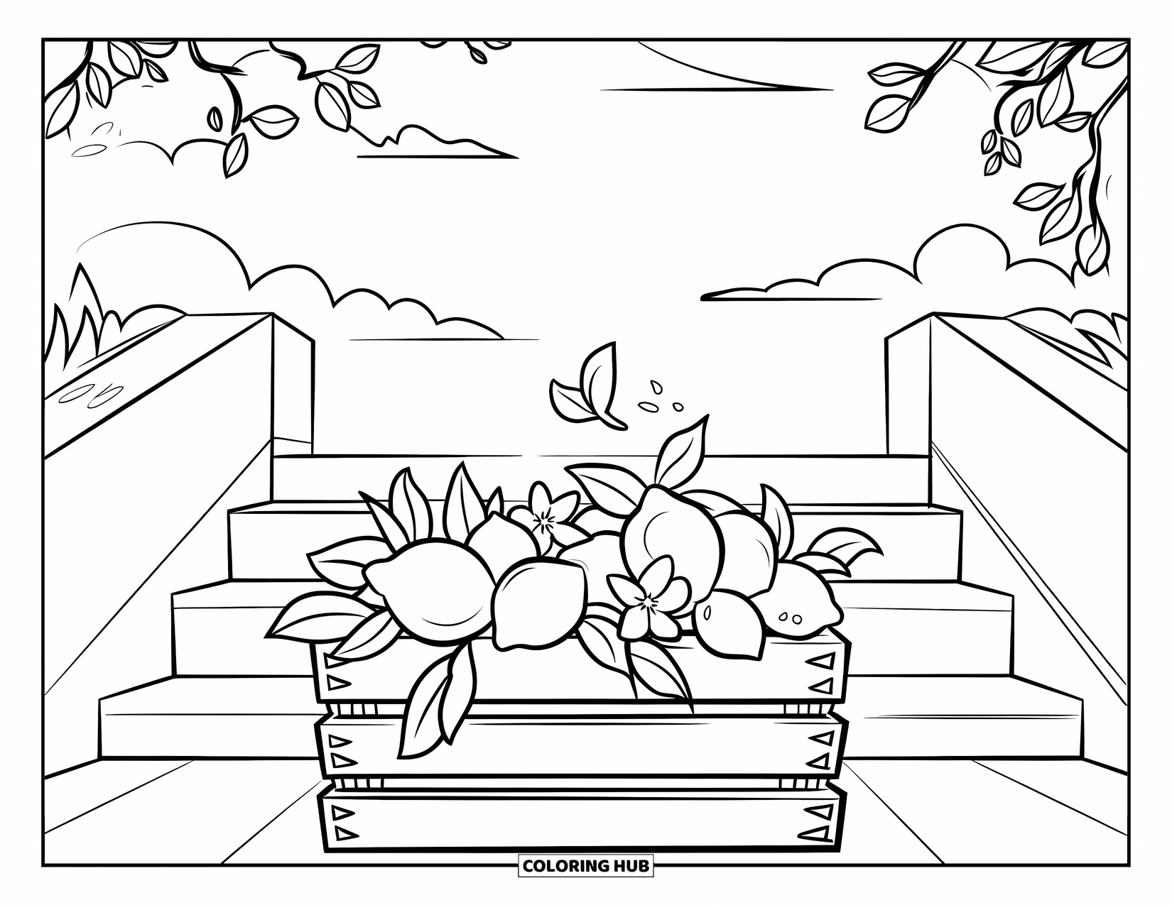 Lemon Coloring Page for Kids: Lemons and blossoms in a crate near outdoor stairs