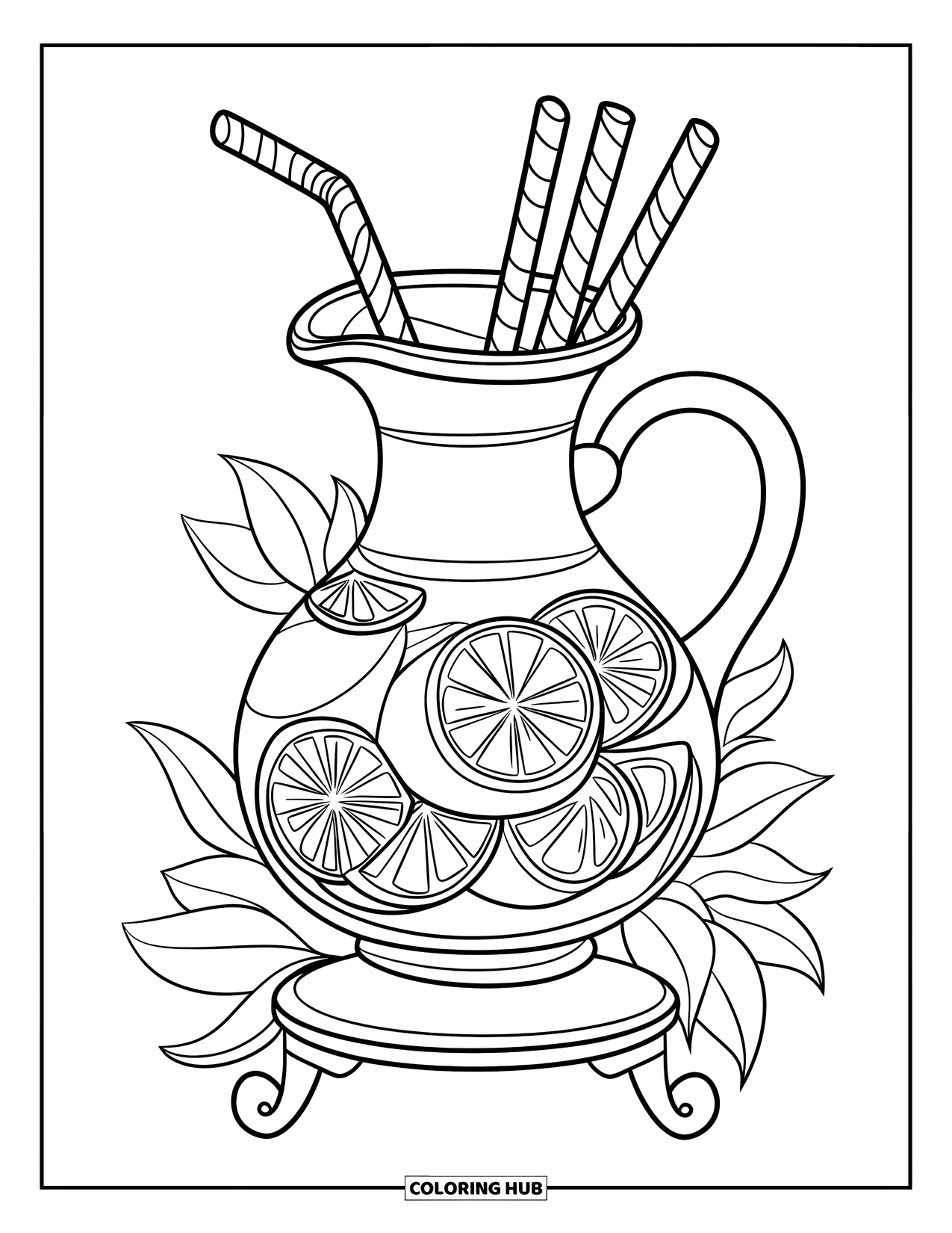 Lemon Coloring Page for Kids: Pitcher with spiral straws and lemon slices on a wooden stand