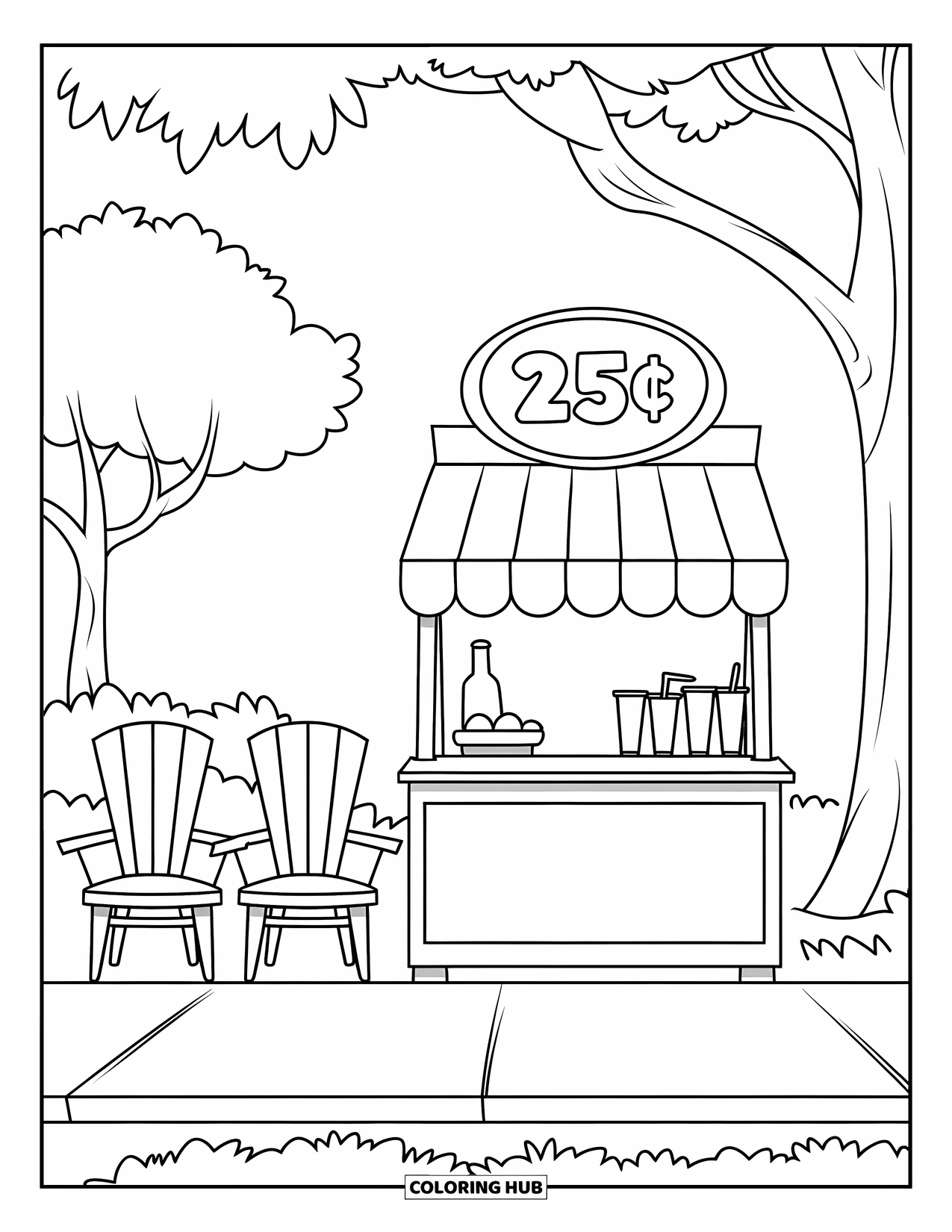 Lemon Coloring Page for Kids: Sidewalk lemonade stand with sign, smiling lemon, and two chairs