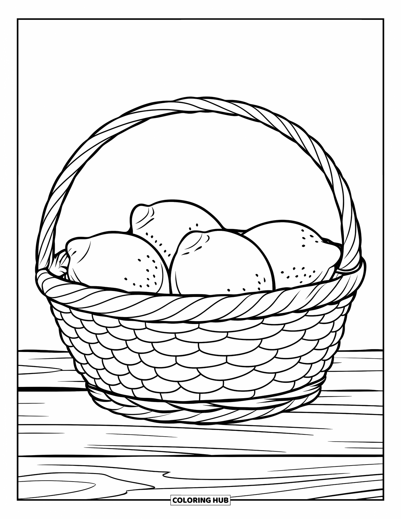 Lemon Coloring Page for Kids: Simple basket of lemons sitting on a surface