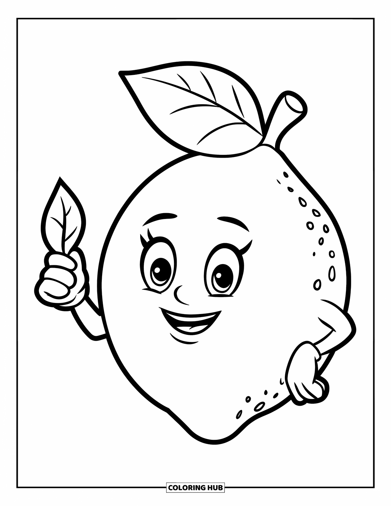Lemon Coloring Page for Kids: Smiley lemon with a leaf and a playful look