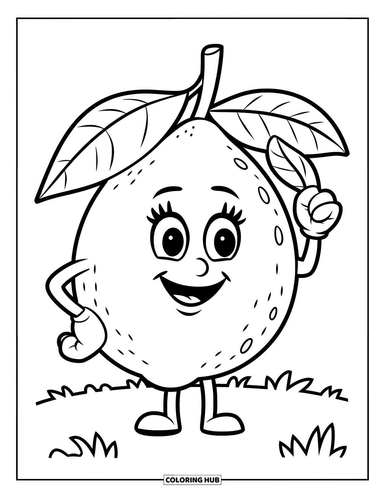 Lemon Coloring Page for Kids: Smiling lemon holding a tiny leaf on the grass