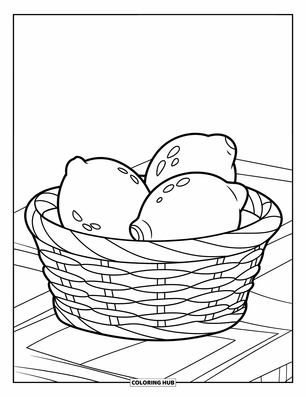 Lemon Coloring Page for Kids: Three lemons inside a small fruit basket