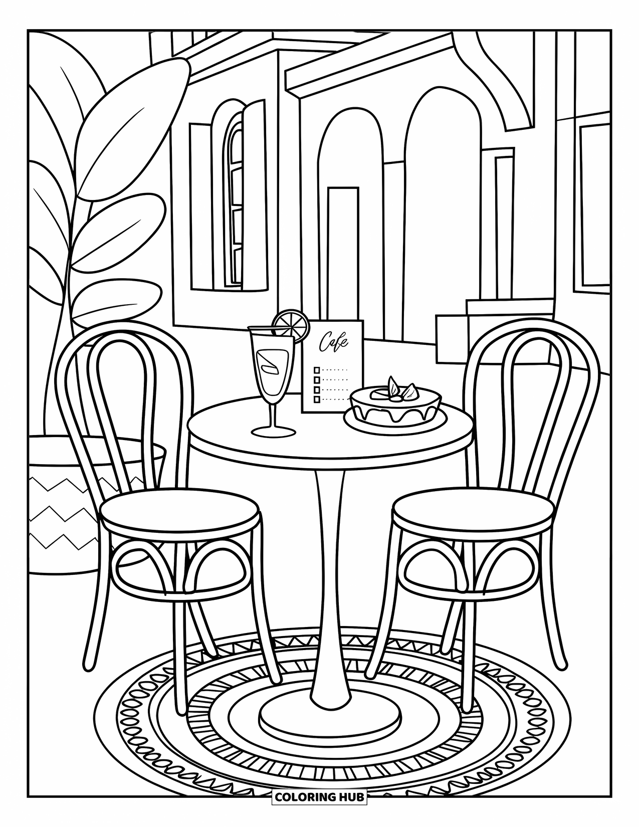 Lemon Coloring Page for Kids: Trendy cafÈ table with lemon treats and rug underneath