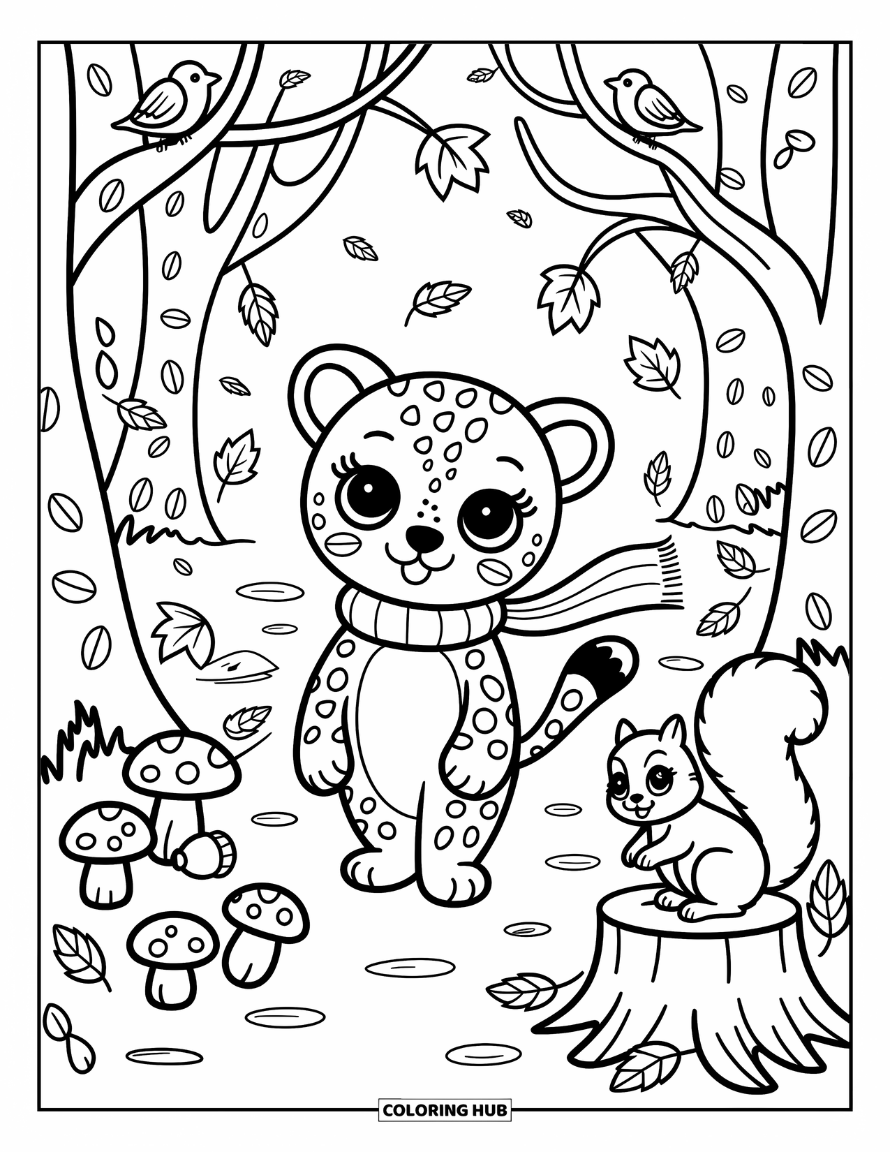 Leopard Coloring Page for Adults: Leopard cub explores a cozy forest path with a scarf and curious animals