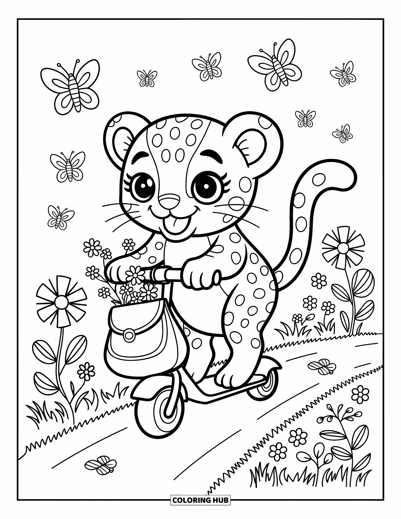 Leopard Coloring Page for Adults: Leopard cub rides a scooter with tongue out, wildflowers bouncing in its bag