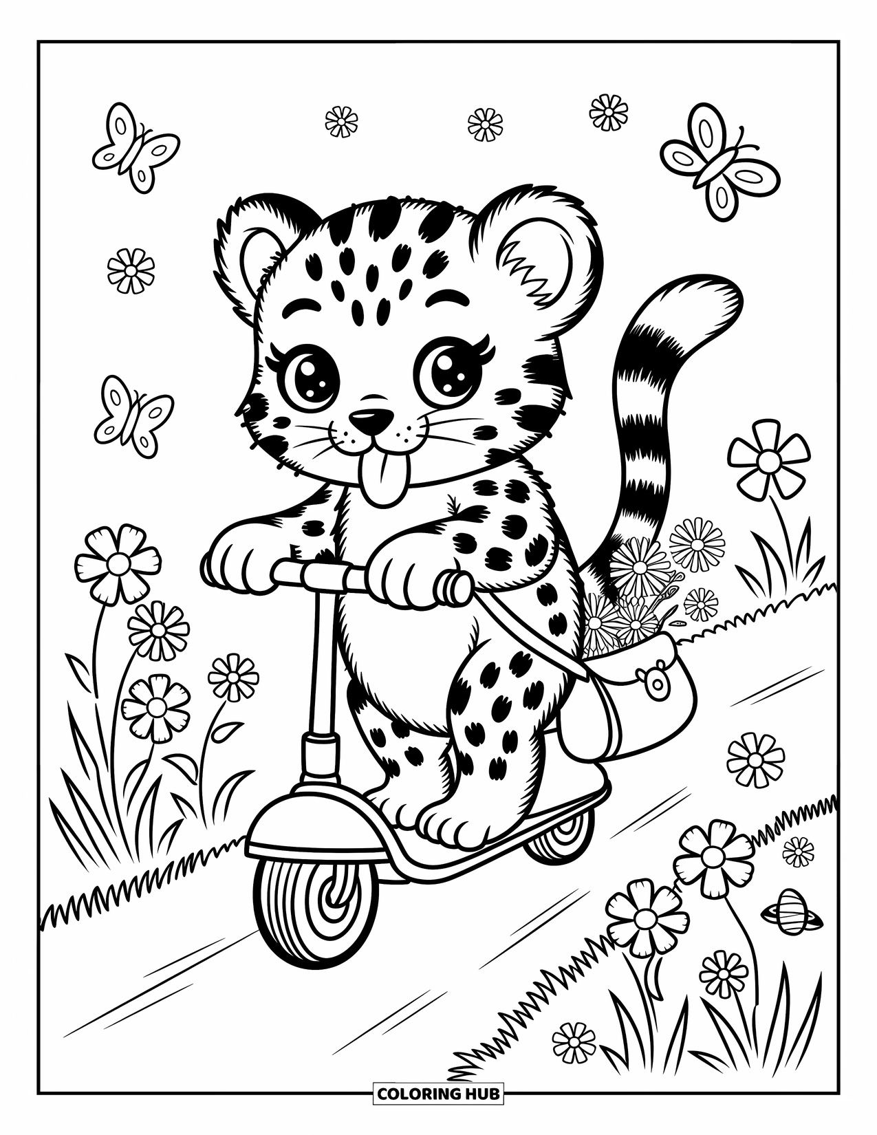 Leopard Coloring Page for Adults: Leopard cub scooters down a path with a bag of flowers and waving bugs