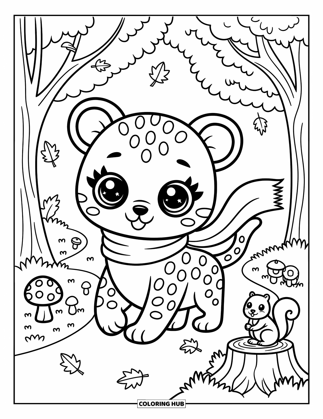 Leopard Coloring Page for Adults: Leopard cub with a scarf strolls through the forest with leaves and mushrooms