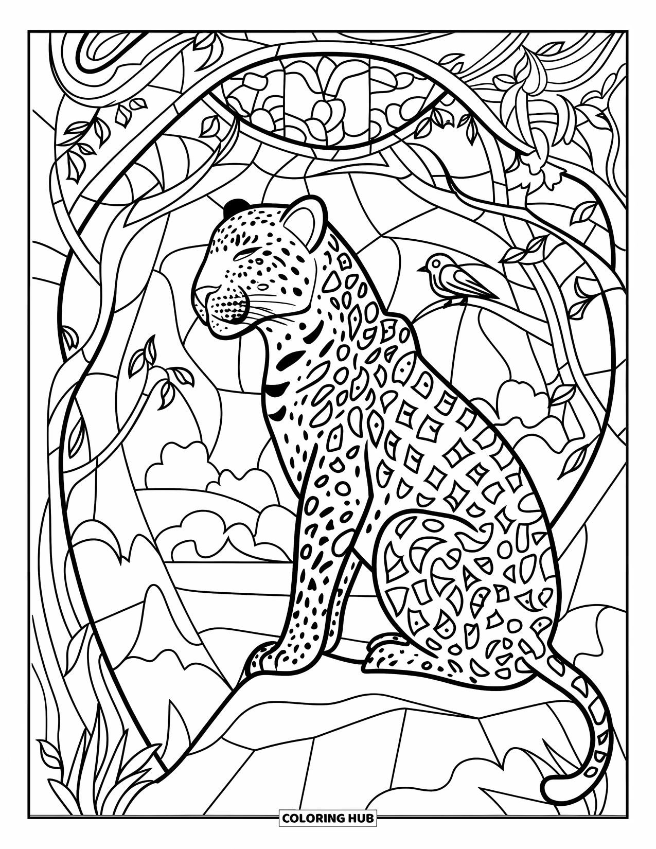 Leopard Coloring Page for Adults: Leopard gazes into the jungle surrounded by stained glass birds and branches