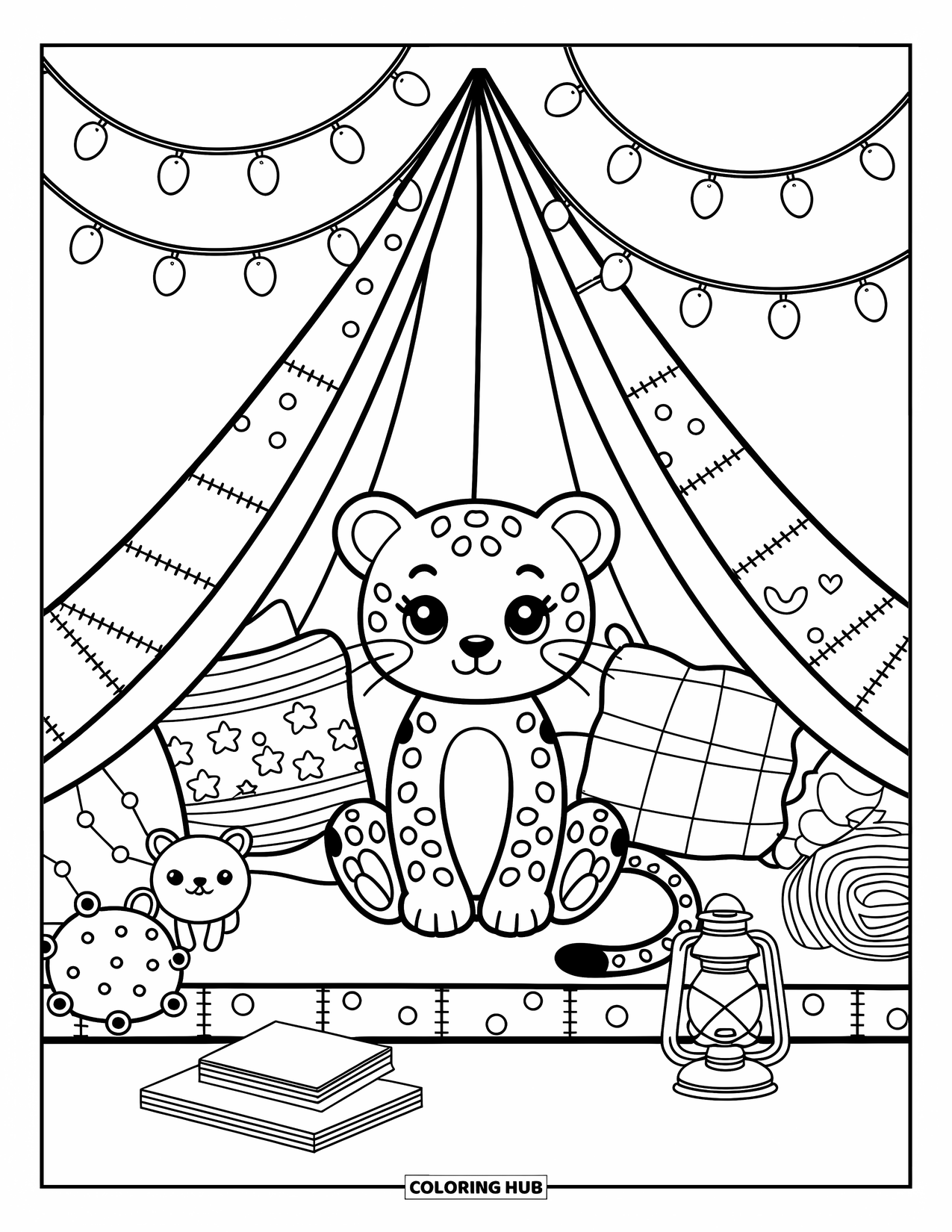 Leopard Coloring Page for Adults: Leopard hides in a cozy blanket fort with books, toys, and magical lights