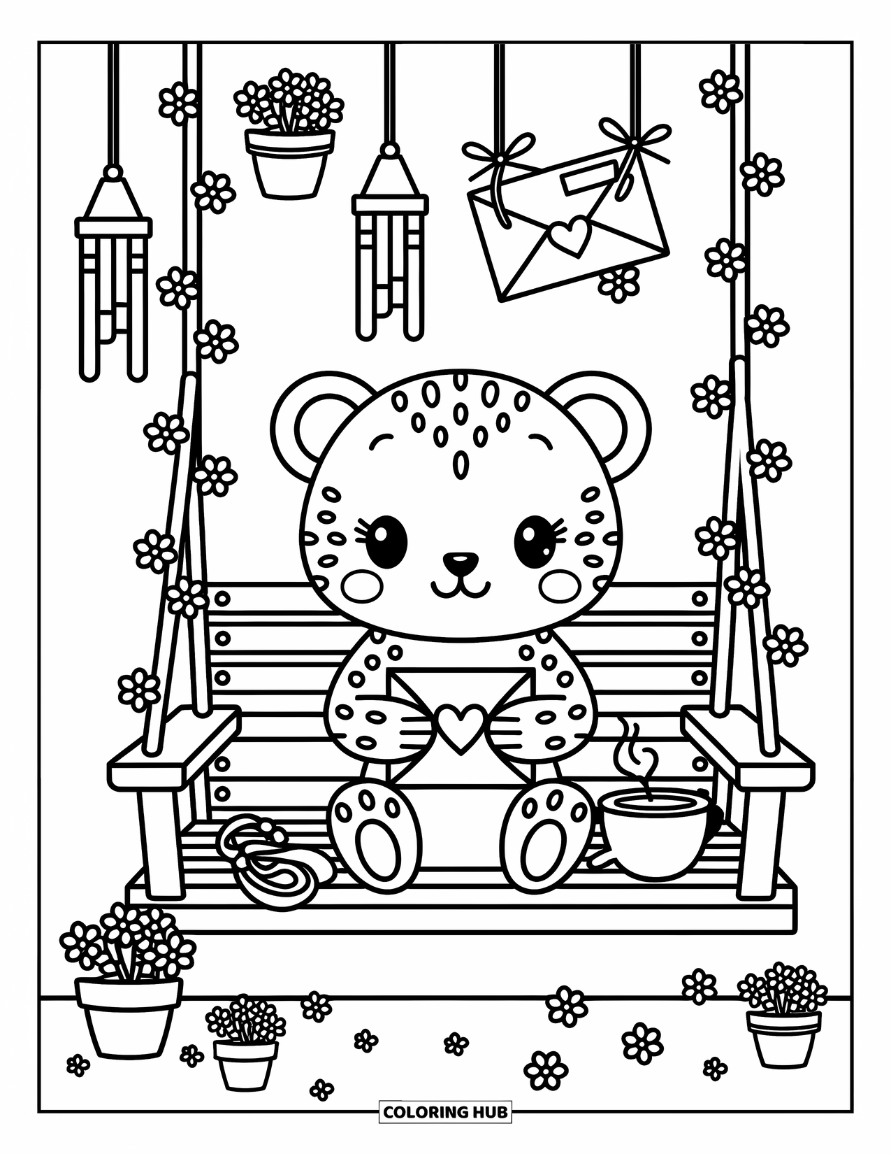 Leopard Coloring Page for Adults: Leopard holds a letter on a swing, surrounded by flowers and floating envelopes