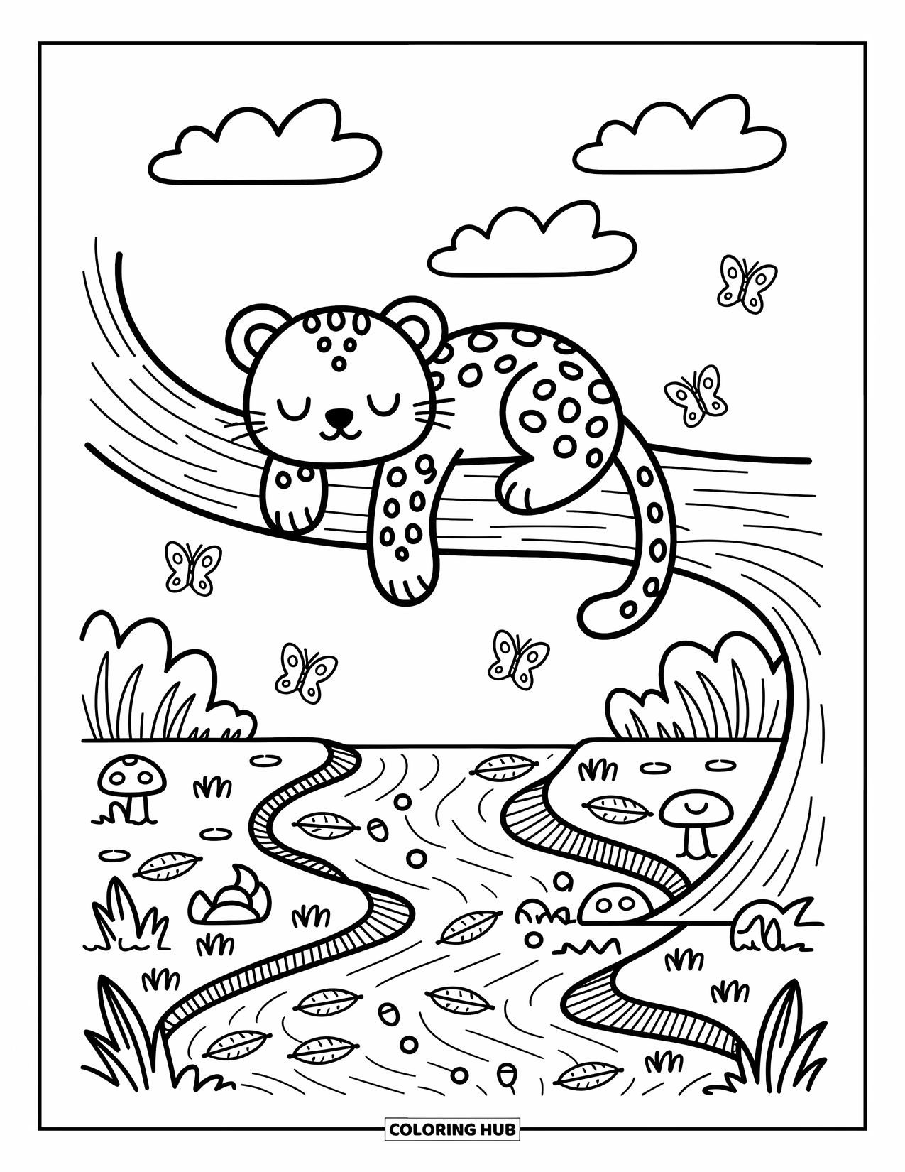 Leopard Coloring Page for Adults: Leopard naps on a tree branch over a stream with butterflies and mushrooms