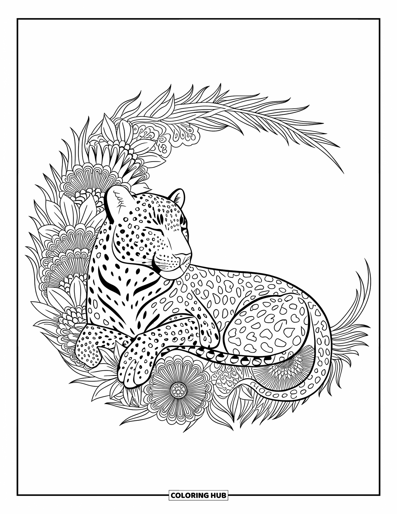 Leopard Coloring Page for Adults: Leopard nestled in wildflowers framed by swirling mandala-style blooms
