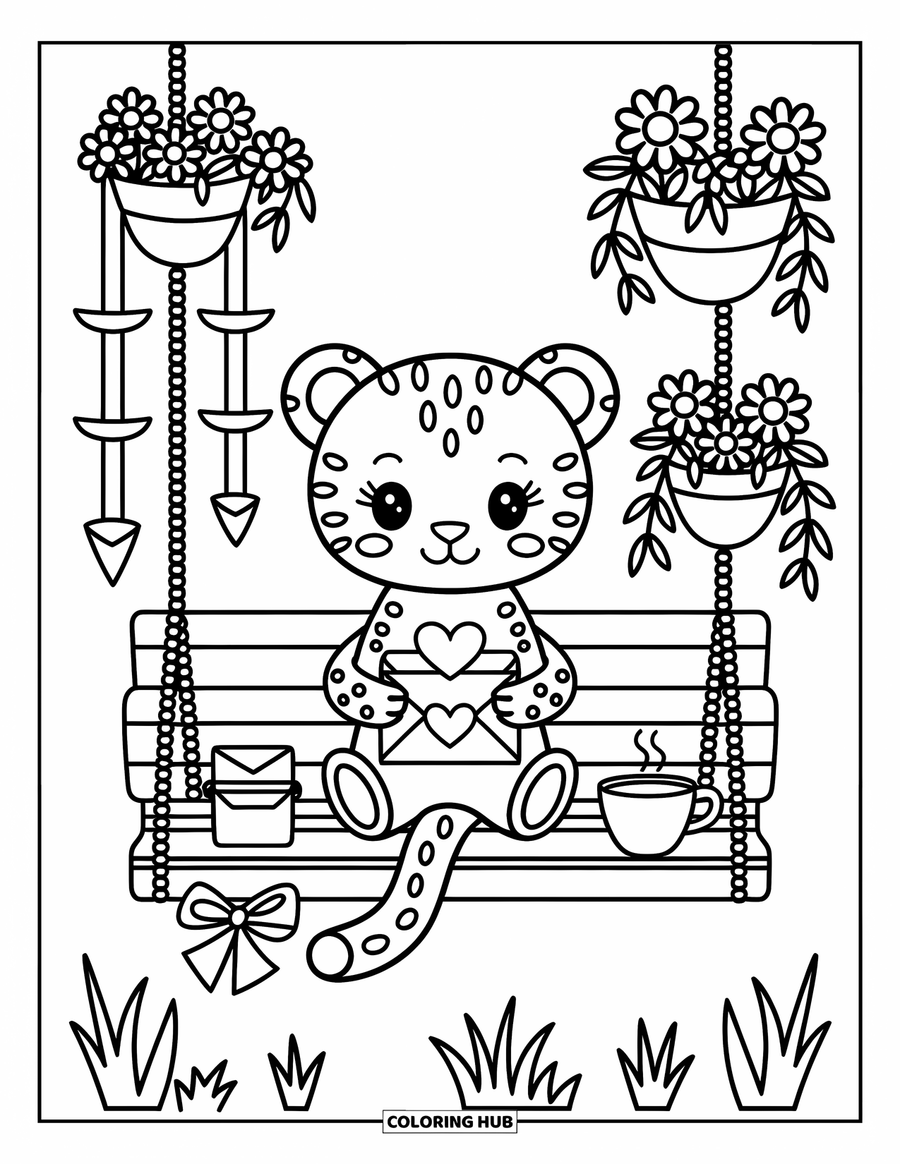 Leopard Coloring Page for Adults: Leopard on a swing with tea, flower pots, and ribbon-tied letters in the breeze
