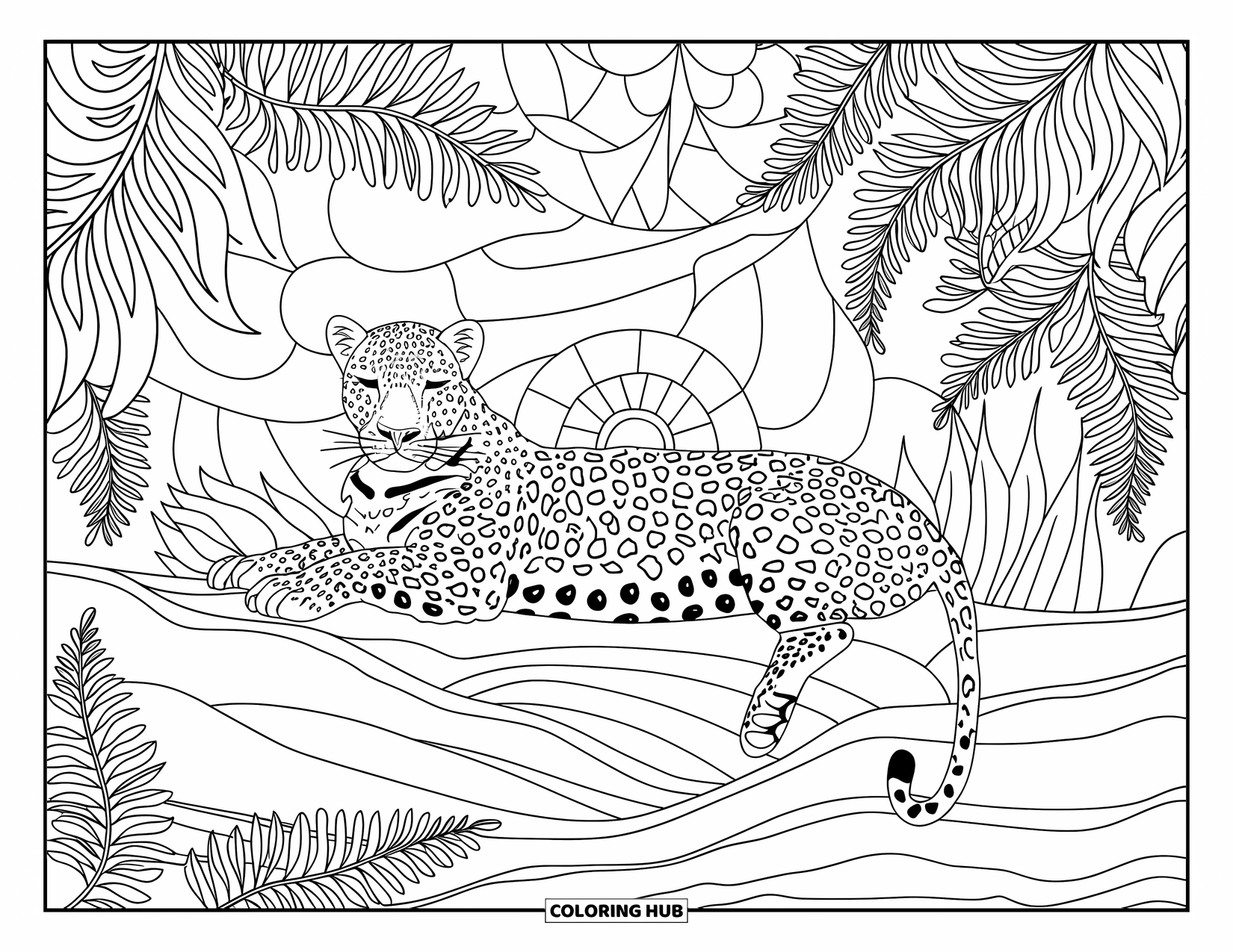 Leopard Coloring Page for Adults: Leopard resting on rocks with lush ferns and stained glass-style plant patterns