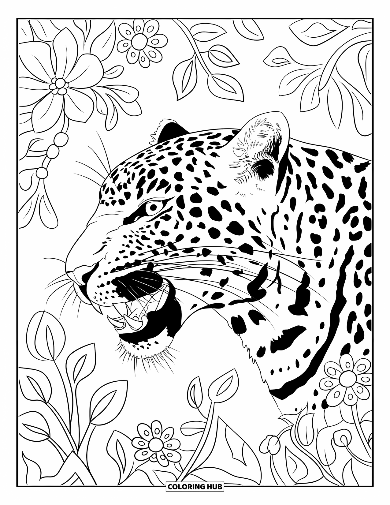 Leopard Coloring Page for Adults: Leopard roars amid a background of floral and leafy designs
