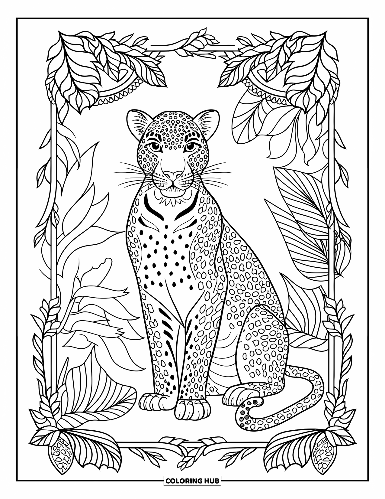 Leopard Coloring Page for Adults: Leopard sits among tropical vines with a blank jungle background