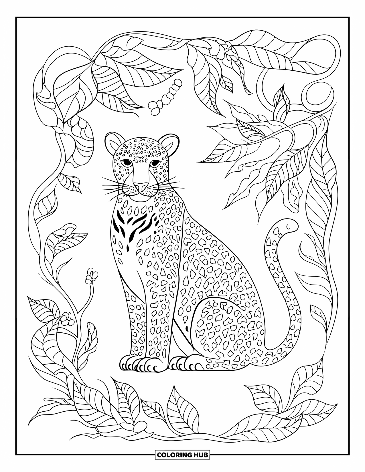 Leopard Coloring Page for Adults: Leopard surrounded by detailed leaves and twisting floral jungle vines
