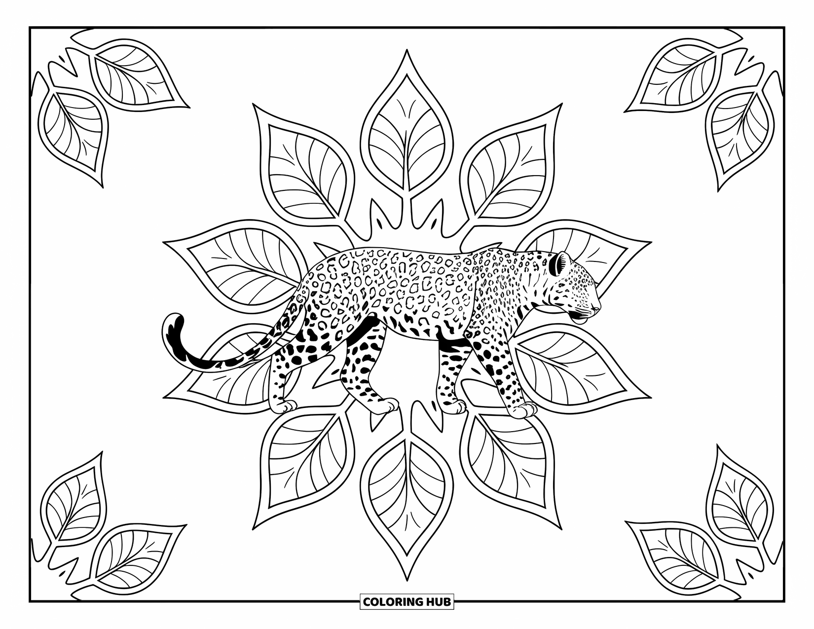 Leopard Coloring Page for Adults: Leopard walks proudly with leaf mandalas on a clean white background