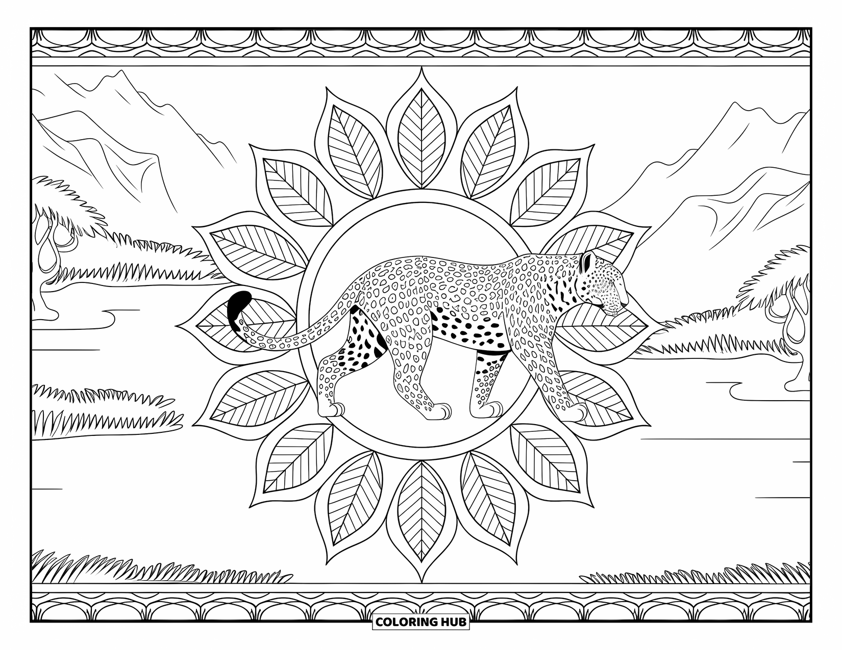 Leopard Coloring Page for Adults: Leopard with arched tail walks past mandalas and a lake with trees