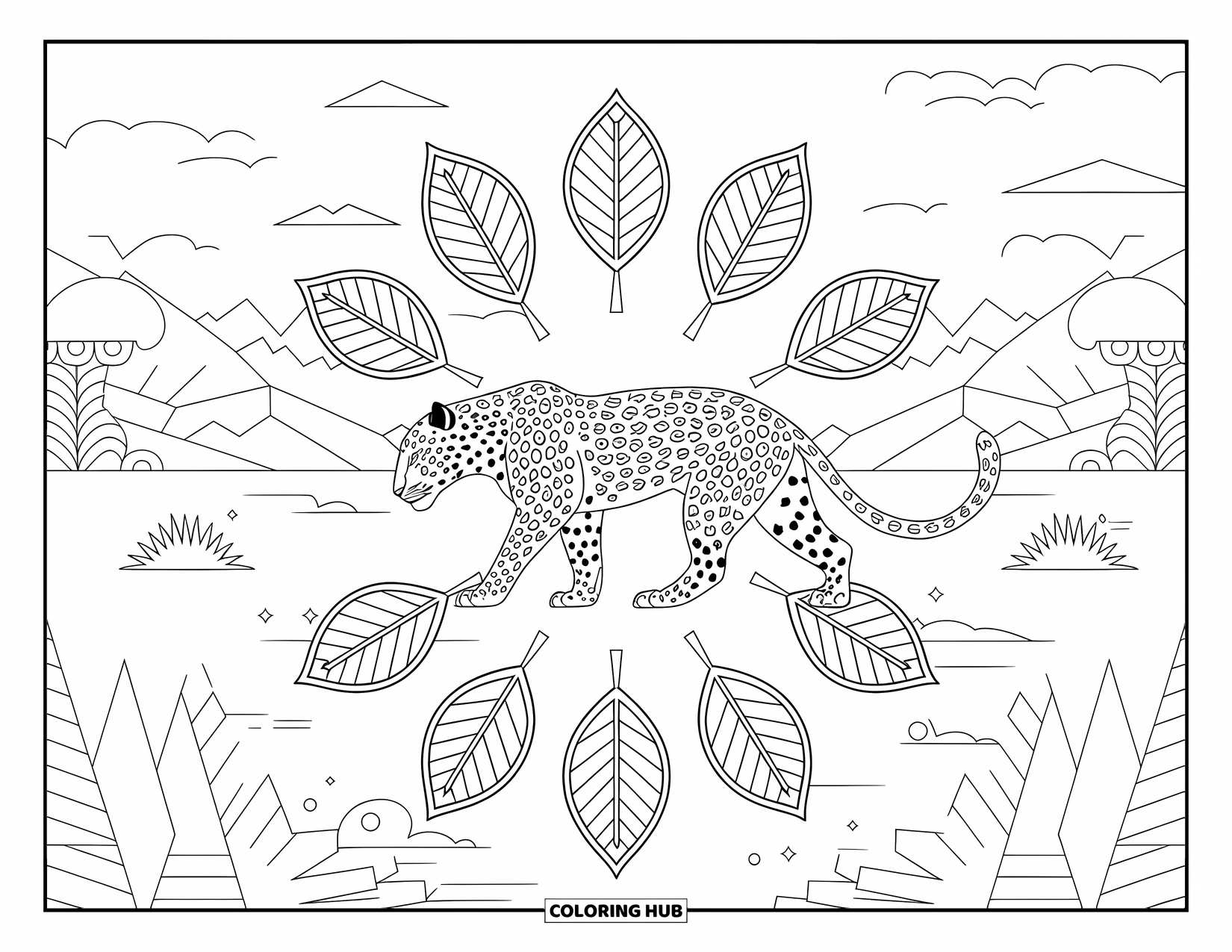 Leopard Coloring Page for Adults: Walking leopard framed by leaf mandalas in a peaceful mountain landscape