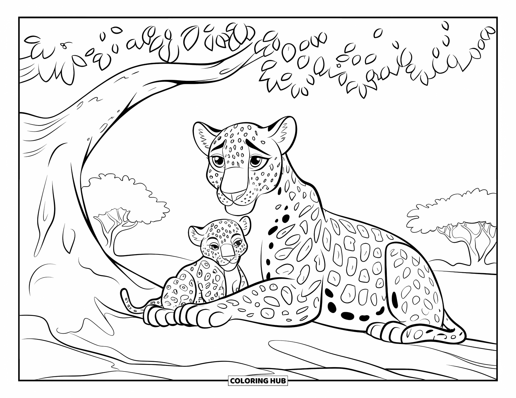 Leopard Coloring Page for Kids: Baby leopard nestles close to mom beneath a tree in open terrain