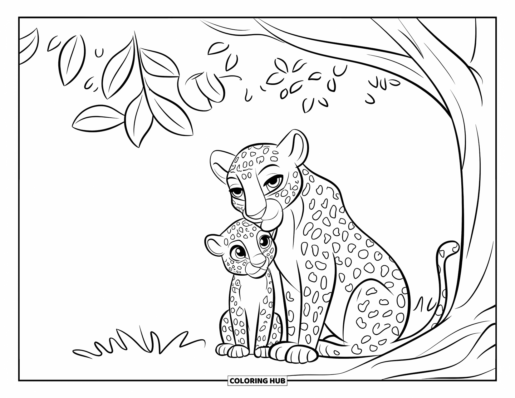 Leopard Coloring Page for Kids: Baby leopard sits on mom's lap under a tree with big leaves
