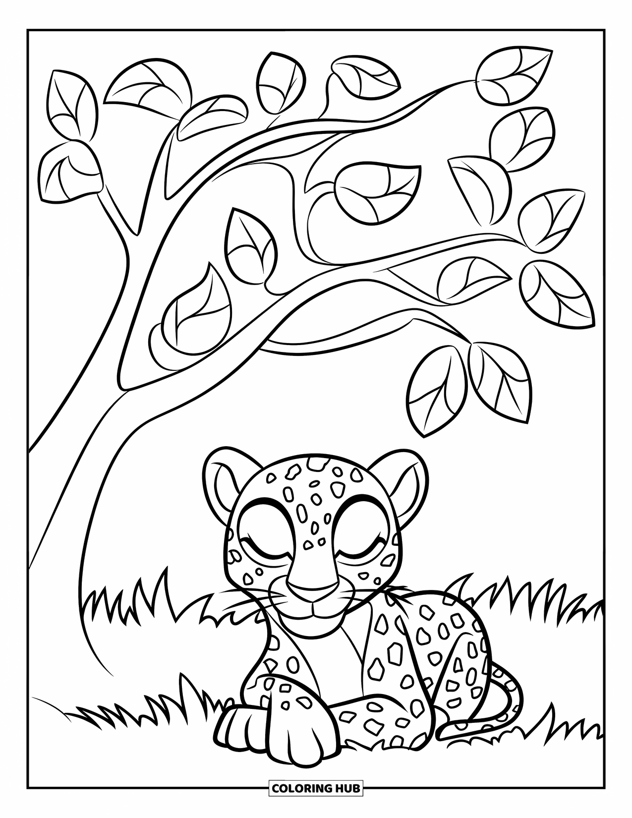 Leopard Coloring Page for Kids: Cheerful leopard naps under a tree with big, easy-to-color leaves