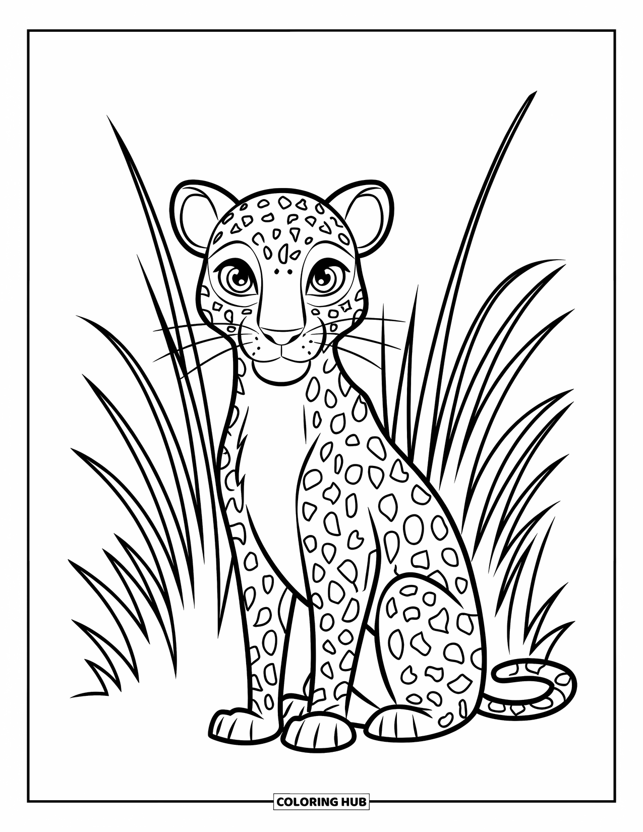 Leopard Coloring Page for Kids: Curious leopard sits in tall grass with wide, expressive eyes