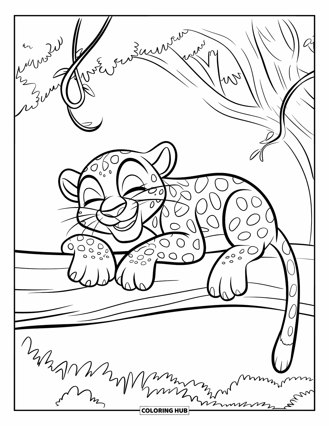 Leopard Coloring Page for Kids: Happy leopard rests on a thick tree branch with vines curling nearby