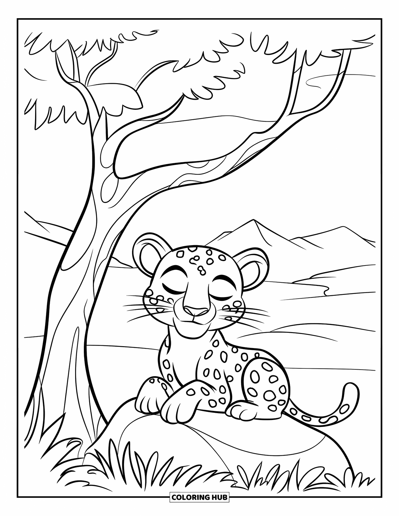 Leopard Coloring Page for Kids: Happy leopard rests under a simple tree in a peaceful mountain view
