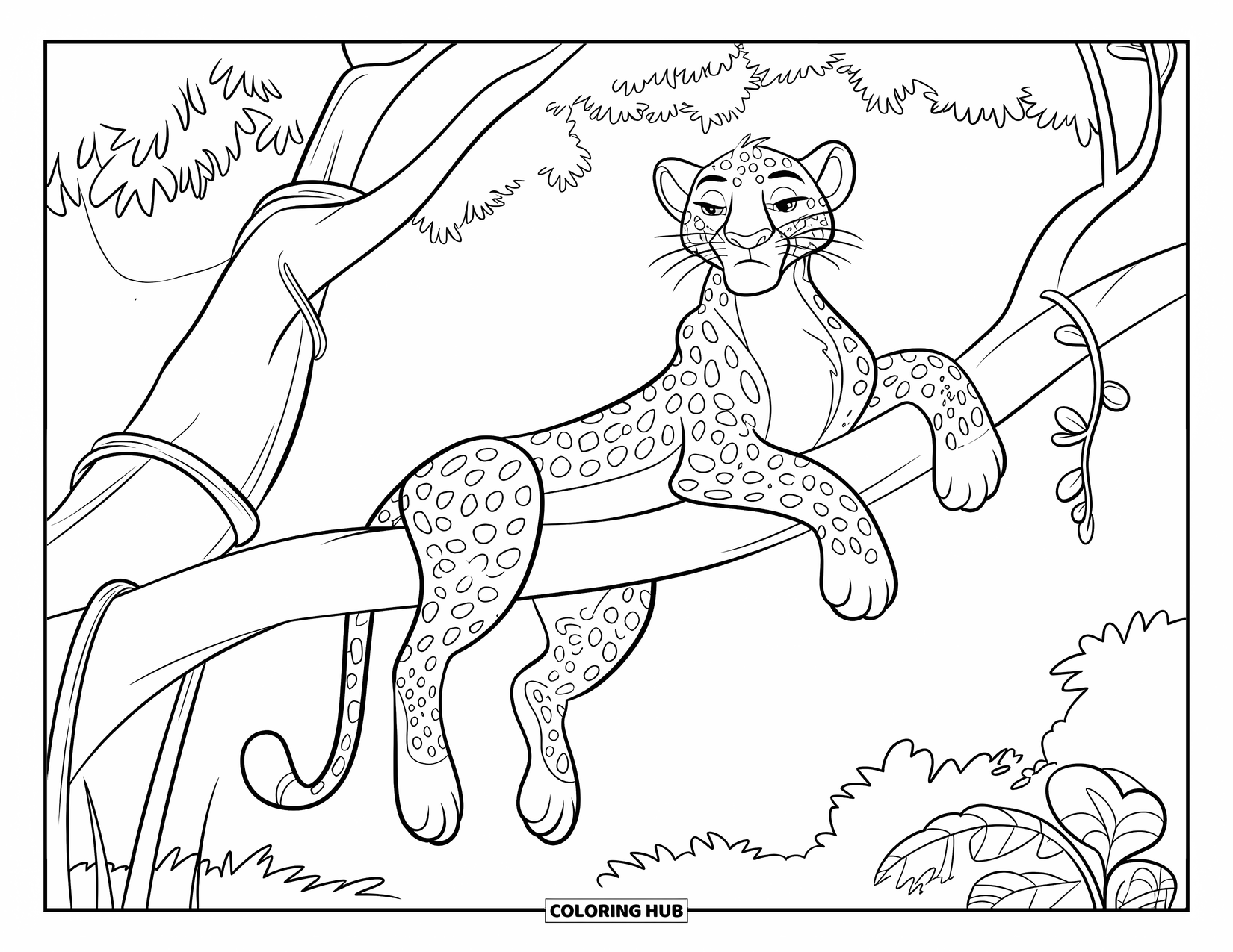 Leopard Coloring Page for Kids: Leopard calmly sits on a tree branch surrounded by leaves and vines