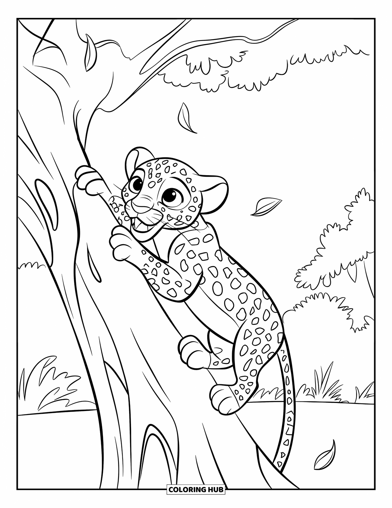 Leopard Coloring Page for Kids: Leopard climbs a tree with teeth showing and leaves falling
