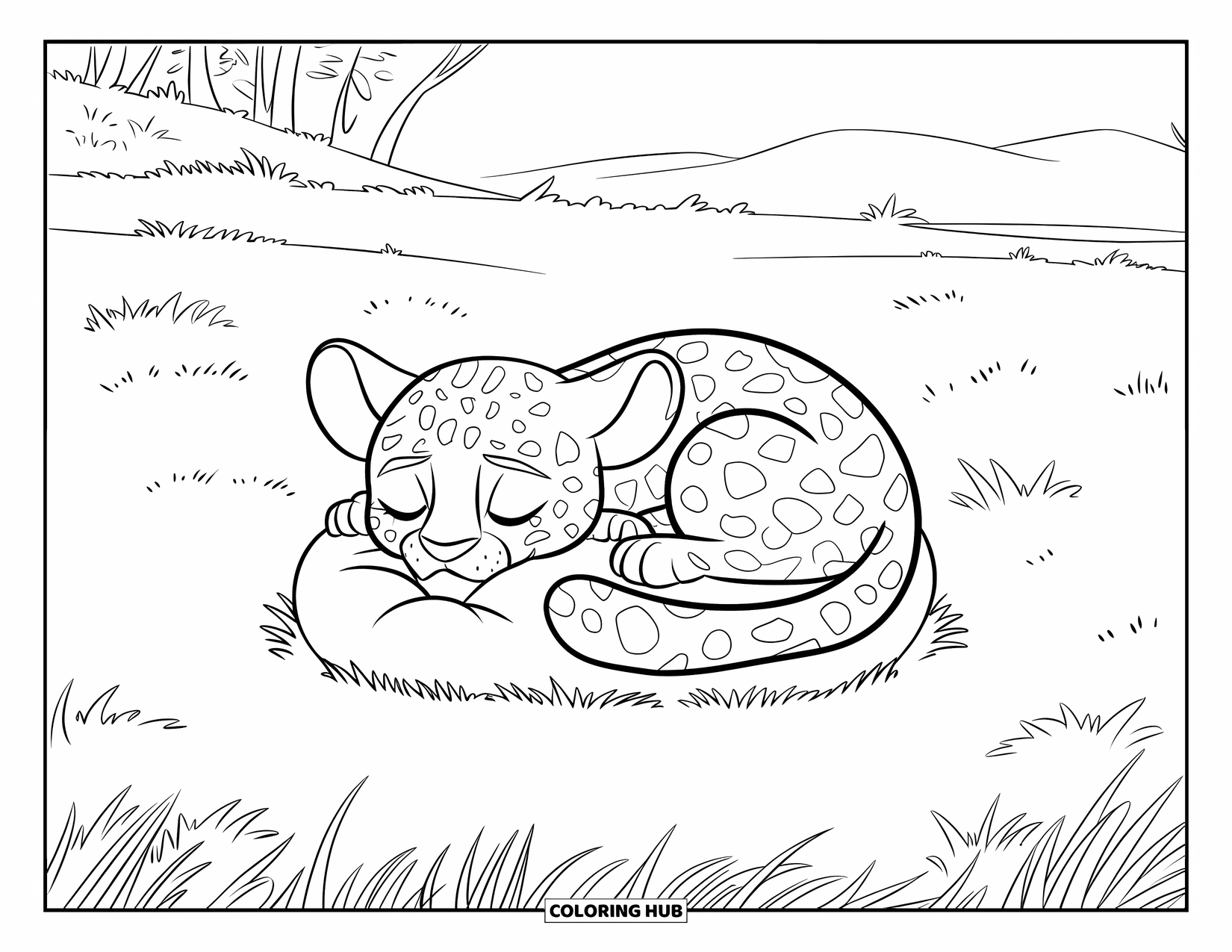 Leopard Coloring Page for Kids: Leopard cub sleeps peacefully on grass with hills and trees nearby