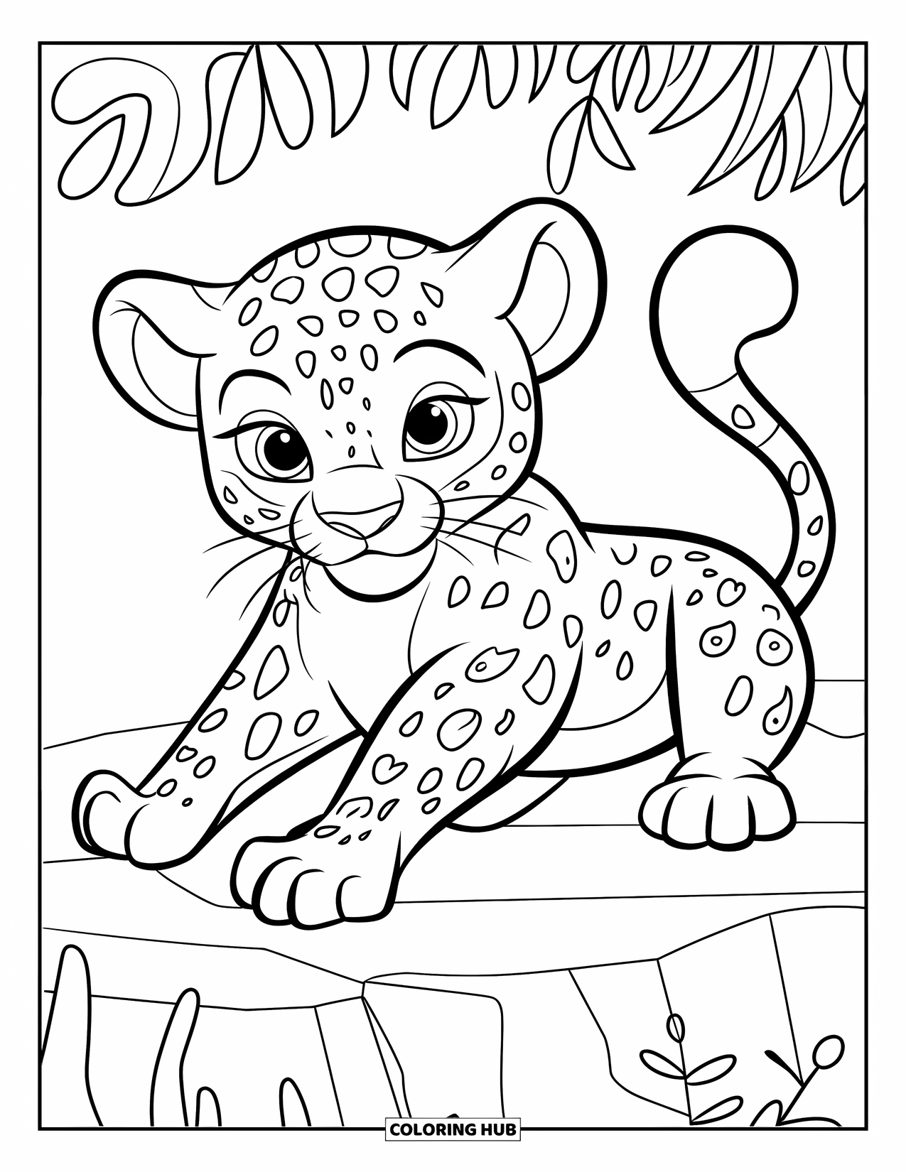 Leopard Coloring Page for Kids: Leopard cub stretches cheerfully on a rock in the forest