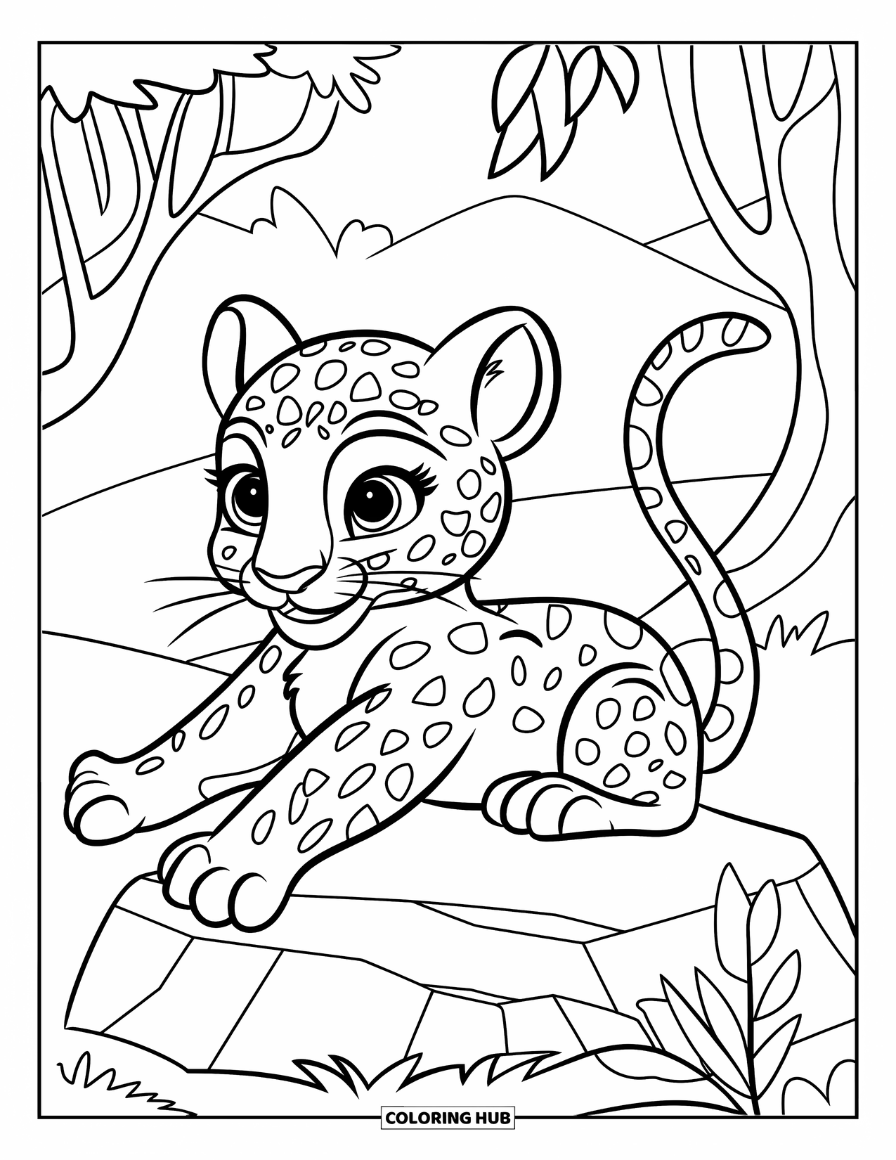 Leopard Coloring Page for Kids: Leopard cub stretches on a rock with trees and leaves behind