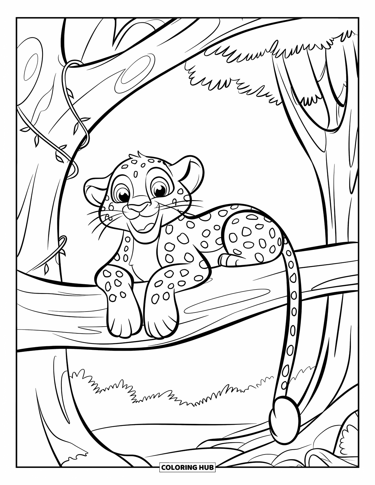 Leopard Coloring Page for Kids: Leopard grins wide while resting on a branch in the forest