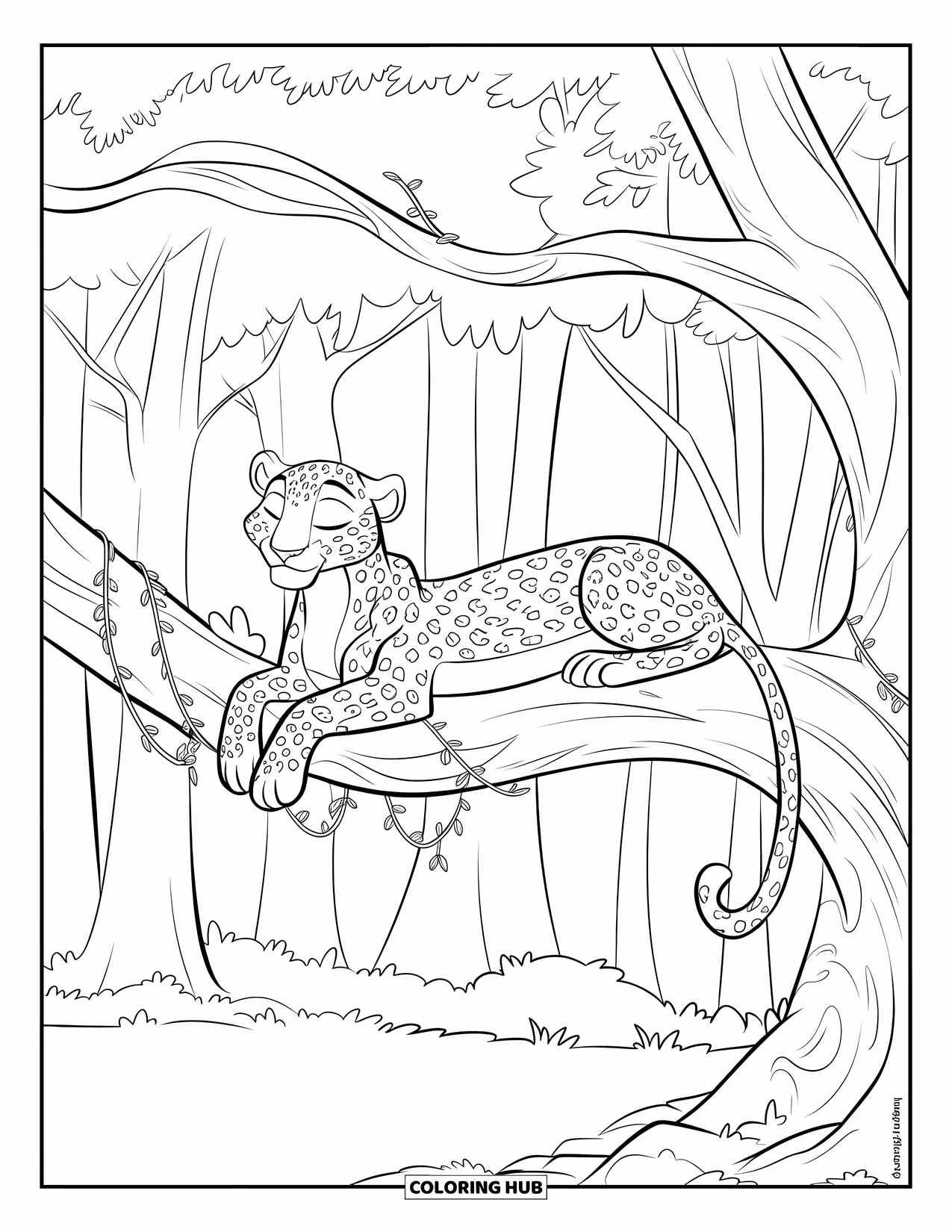 Leopard Coloring Page for Kids: Leopard lies peacefully on a tree branch in a quiet forest setting