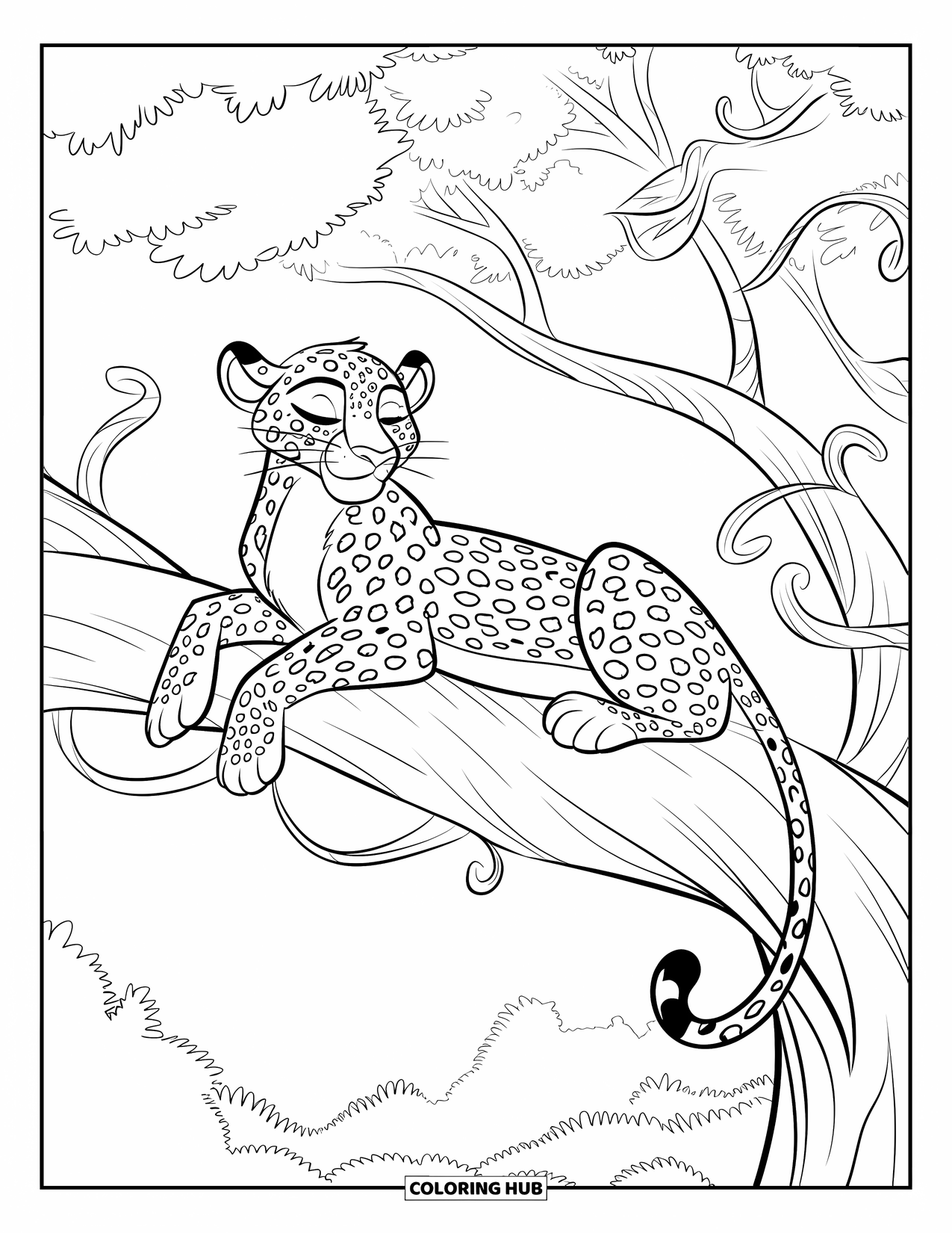 Leopard Coloring Page for Kids: Leopard naps on a high tree branch surrounded by curling vines