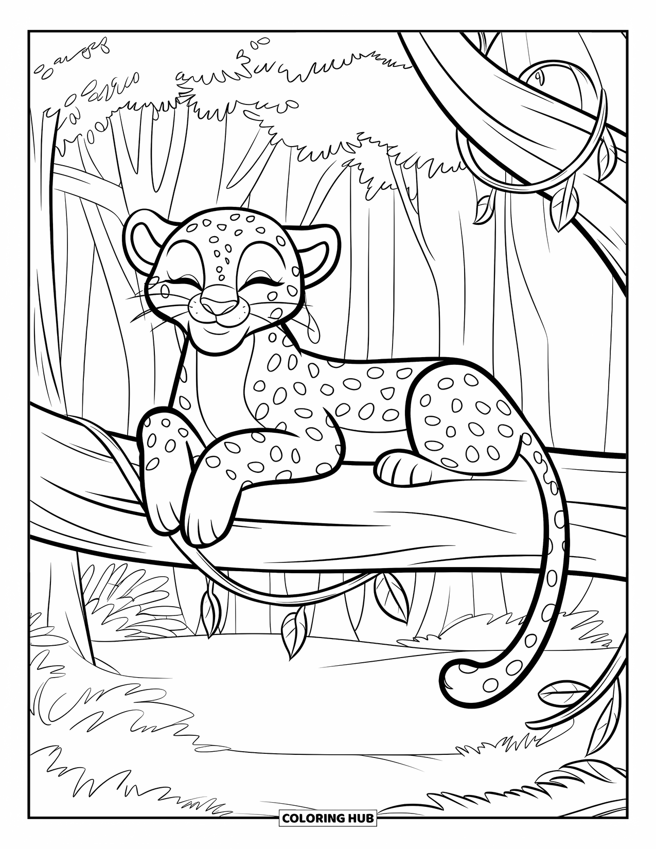 Leopard Coloring Page for Kids: Leopard relaxes on a thick branch in a quiet forest