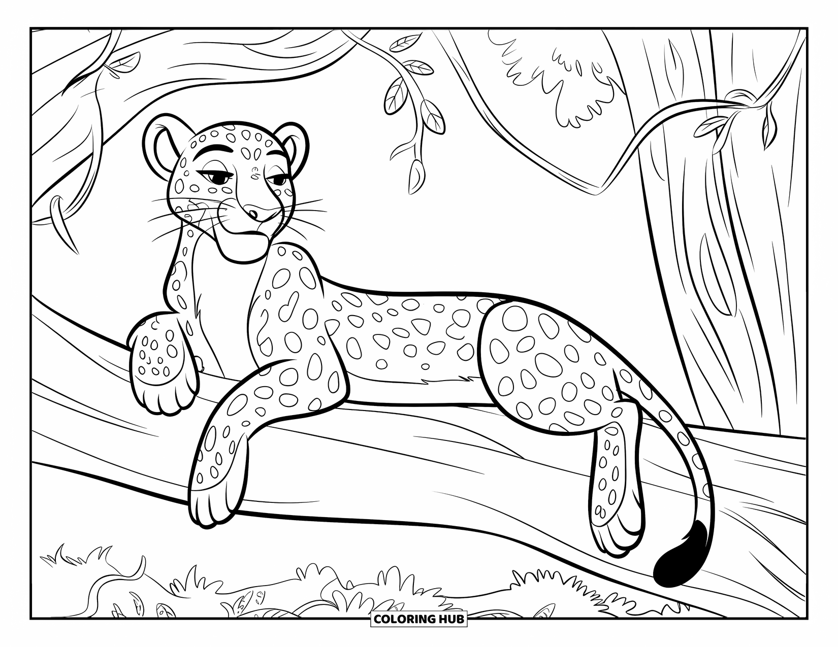 Leopard Coloring Page for Kids: Leopard relaxes on a tree limb with vines in a peaceful forest