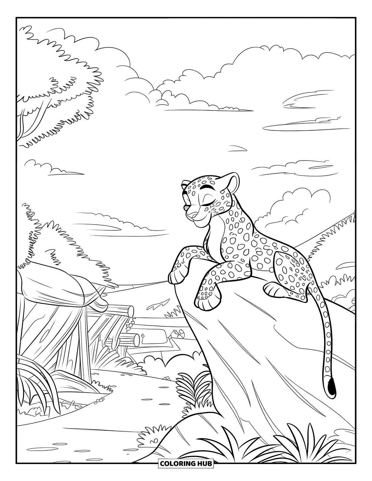 Leopard Coloring Page for Kids: Leopard rests on a rock overlooking a lush jungle path