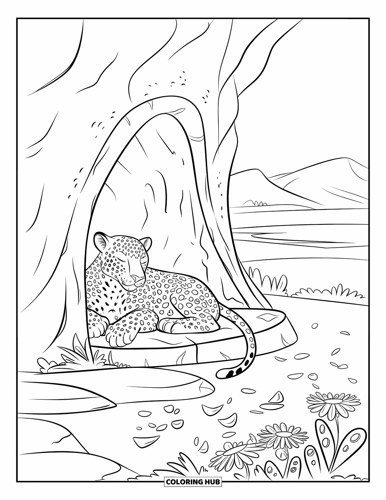 Leopard Coloring Page for Kids: Leopard rests peacefully in a cave surrounded by flowers and forest